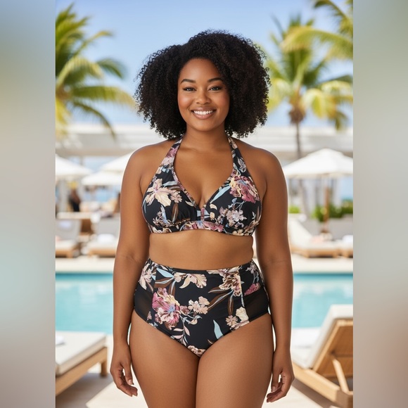 Cupshe Floral High-Waisted Bikini in Black and Pink Plus Size NWT SZ 1 X - Picture 1 of 6